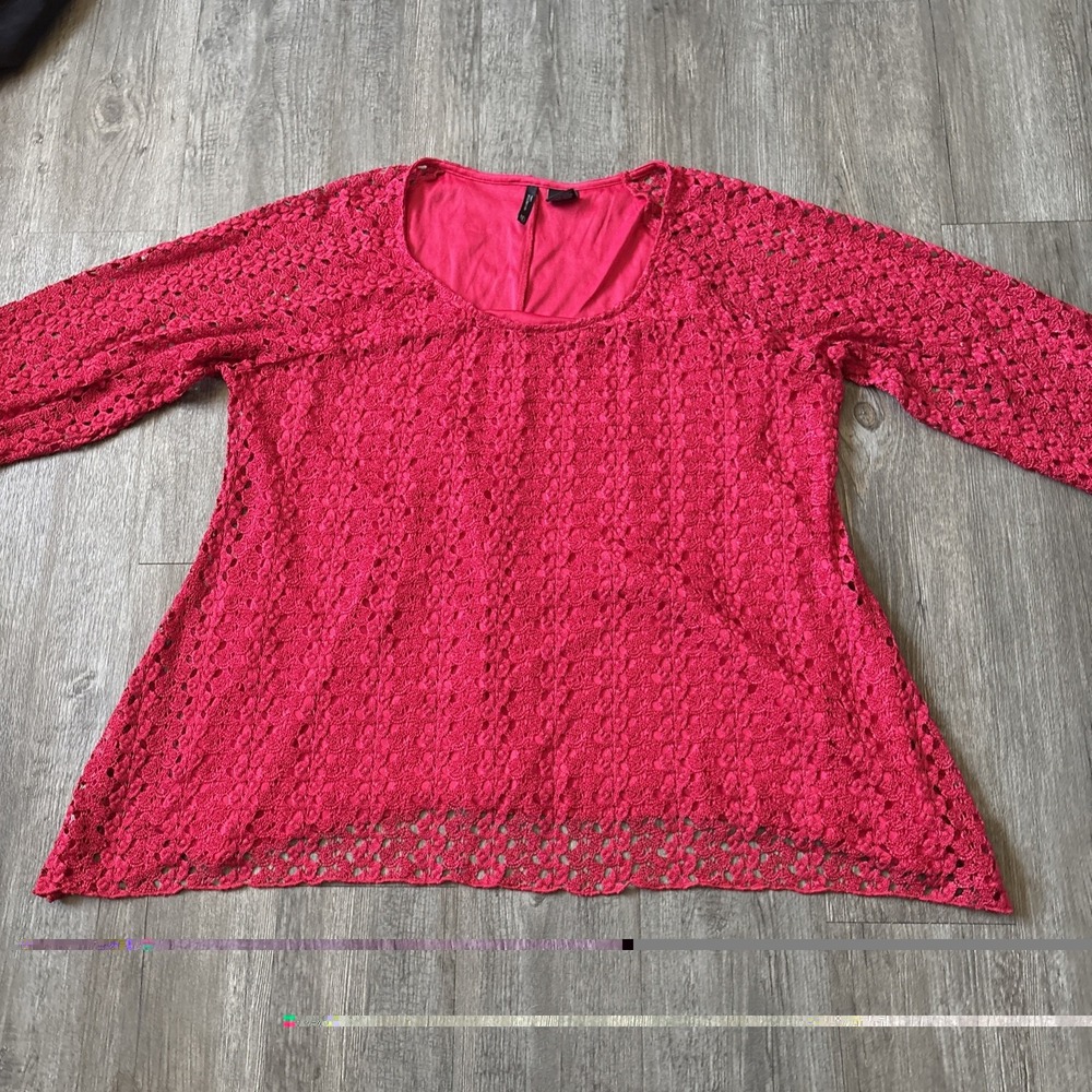 New Directions Womens Red Floral Crochet Lace Bell Sleeve Blouse Top 2X